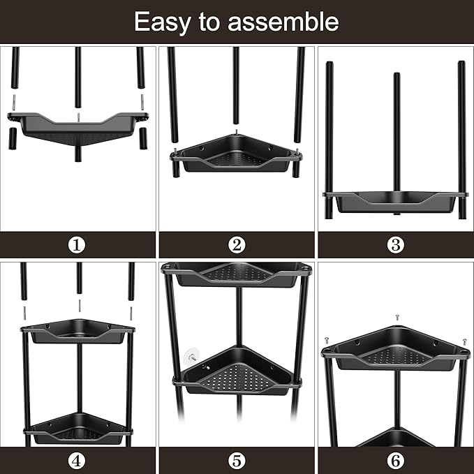 Orimade Rustproof 3 Tier Floor Standing Corner Shower Caddy Organizer, Plastic Metal Splicing Floor Corner Shelf Rack Stands for Bathroom, Black