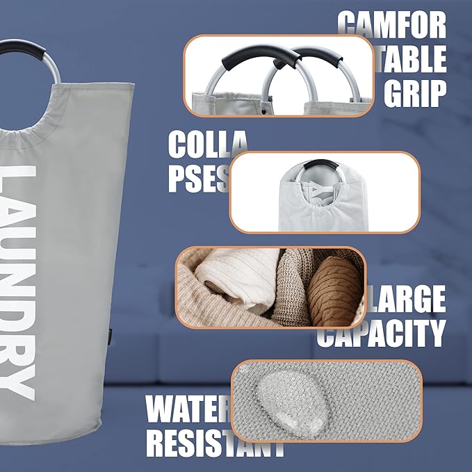 Caroeas 125L Laundry Basket,Large Laundry Hamper, Laundry Bag with Padded Handles, Clothes Hamper Stands Up Well, Collapsible Free Standing Easy Storage Washing Bin (Light Grey,125L)