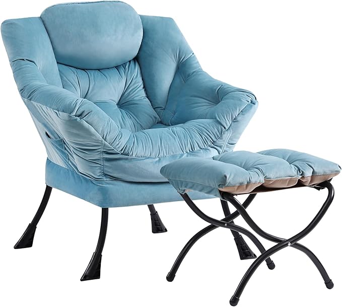 Cozy Lazy Chair and Ottoman, Large Contemporary Accent Lounge Chair Set, Leisure Upholstered Reading Armchair for Bedroom, Living Room, Dorm Rooms, Office