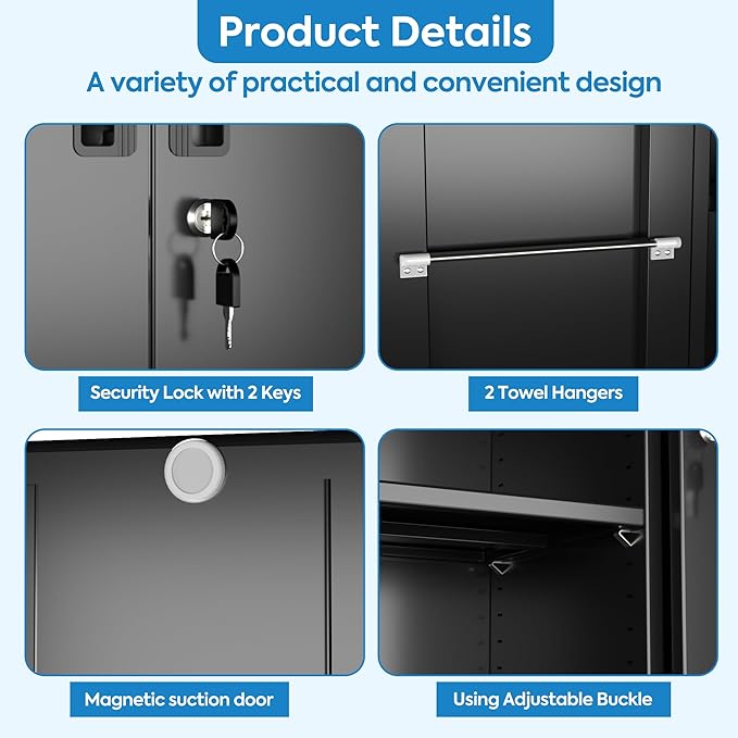 SUXXAN Broom Closet Storage Cabinet with Wheels 71.4"x 31.5"x15.7", Metal Cleaning Cabinets with Hooks and Hanging Rods, Lockable Cabinet with Pegboard, Adjustable Shelf,for Garage, Laundry Room