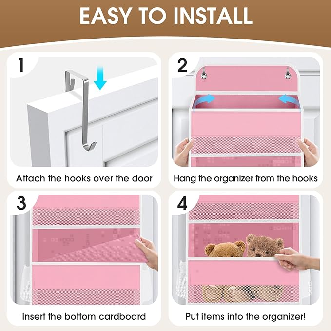 5-Tier Over The Door Organizer Hanging Storage Organizers with Clear Window 40lb Large Capacity Room Organizer for Pantry Bathroom Nursery Closet(Pink)