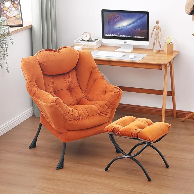 Lazy Chair and Ottoman, Large Accent Lounge Chair with Armrests and a Side Pocket, Modern Leisure Upholstered Sofa Reading Armchair with Footrest for Bedroom, Living Room, Dorm Rooms, Office