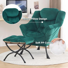 Tiita Lazy Chair with Ottoman, Modern Large Accent Lounge Armchair, Comfy Leisure Sofa Reading Chair with Footrest for Bedroom, Living Room, Dorm Rooms, Garden and Courtyard, Velvet Green