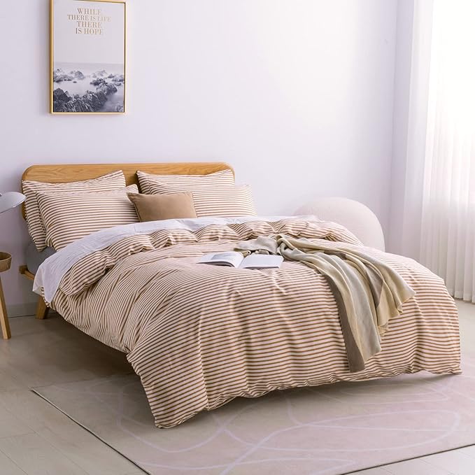 JELLYMONI Full Duvet Cover Set, Cotton Duvet Cover 3 Pieces with Zipper Closure, 1 Duvet Cover and 2 Pillowcases(White with Rust Striped)