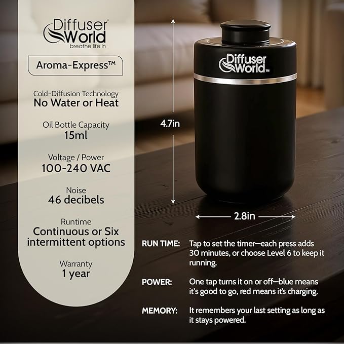 600 Sq Ft Waterless Diffuser for Essential Oils, Aroma Express Black Portable Aroma Atomizer for Room Fragrance, Home Scent Machine, Air Aromatherapy