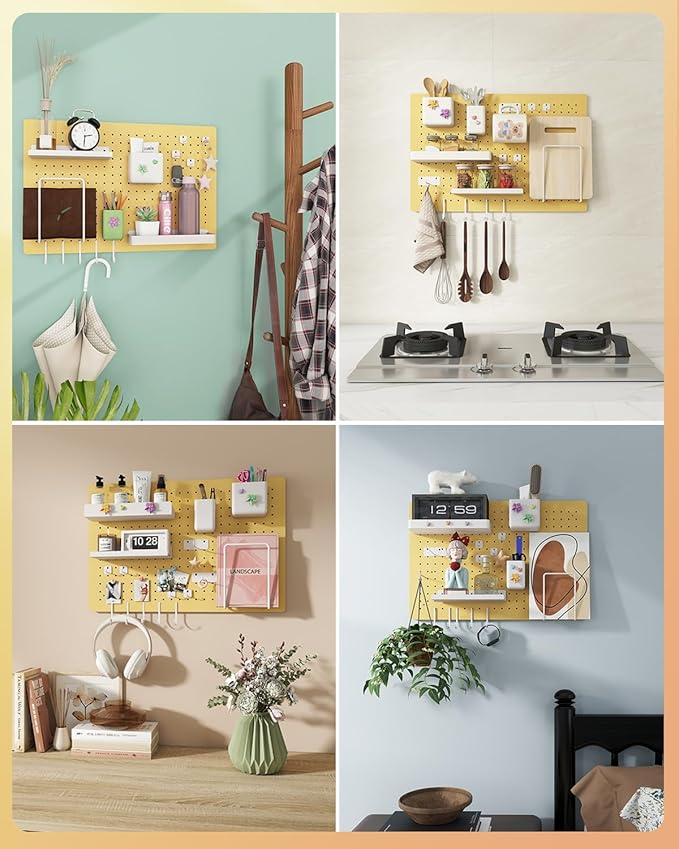 Metal Pegboard Kit — Carbon Steel Pegboards with 26 Accessories, Pegboard Wall Organizer for Home, Office, Study Room, Kitchen, Craft Room & Gaming Setup — 24″ × 16″ Yellow Peg Board