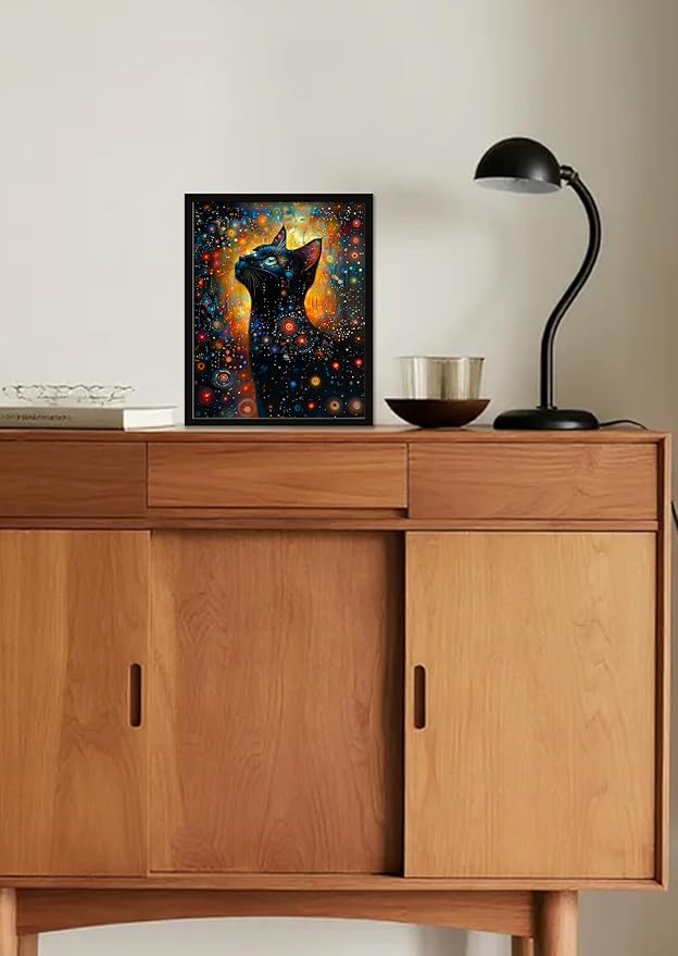 Monet Style Black Cat Wall Art Prints Cat Looking Up At The Stars Poster Canvas Art Wall Decor Picture For Bedroom Office Bathroom Wall Decor Aesthetic Home Artwork 8" × 10" With Framed