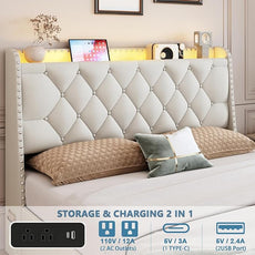 Queen Size Bed Frame with 4 Drawers and Storage Headboard, Upholstered Button Tufted Platform Bed Queen with Led Lights and Charging Station, No Box Spring Needed, Easy Assembly, Noise Free, Beige