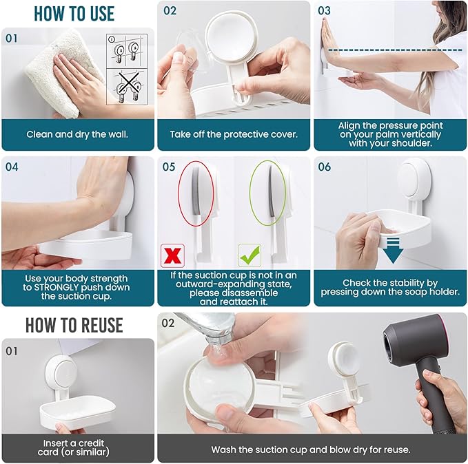 TAILI Suction Cup Soap Holder 2 Pack, Plastic Vacuum Suction Bar Soap Dish for Shower Wall Mounted Drill-Free, Bathroom,Tub,Kitchen Sink,Removable,Universal Kitchen & Bathroom Shower Accessories,White