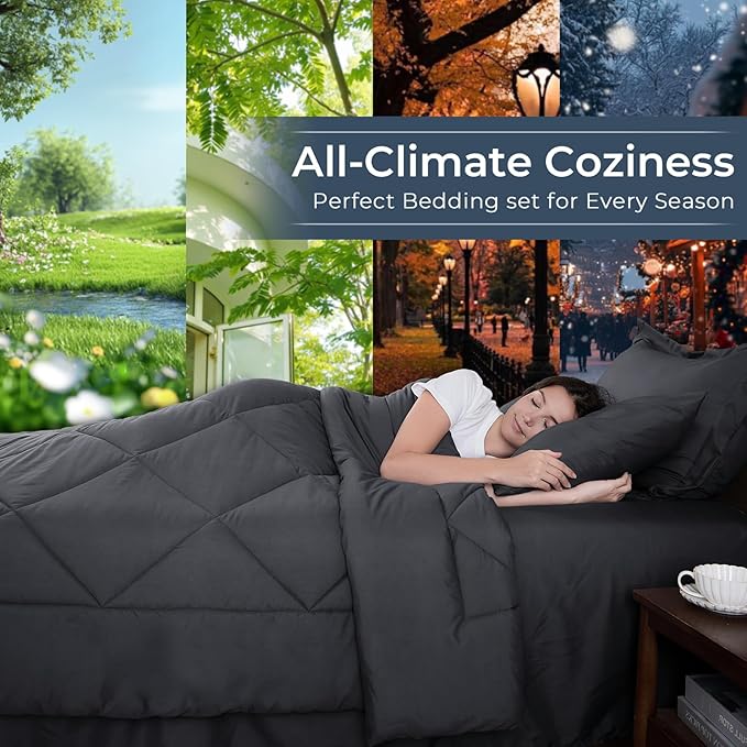 HEVUMYI California King Comforter Set - 7-Piece All Season Bed in a Bag Cali-King, Ultra Soft Bedding Set with Comforter, Flat Sheet, Fitted Sheet, Pillowcases, Pillow Shams, Dark Grey