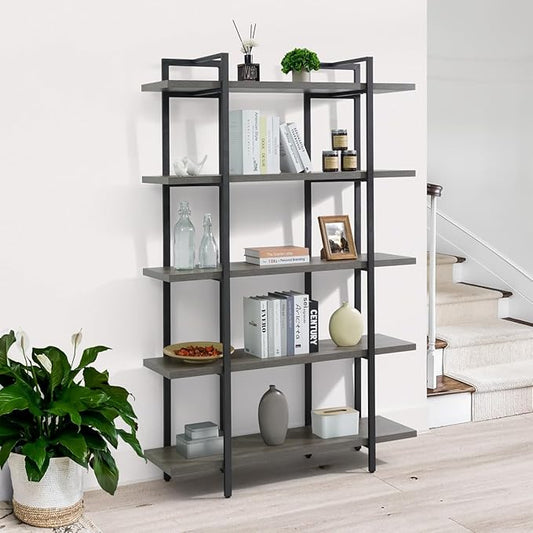 CAPHAUS 5-Tier Book Shelf, 71” H Vintage Industrial Bookcase with Open Display Shelving, Wooden and Metal Shelving Unit, Bookshelves and Bookcases, Stand Shelf for Bedroom, Home Office, Dark Grey