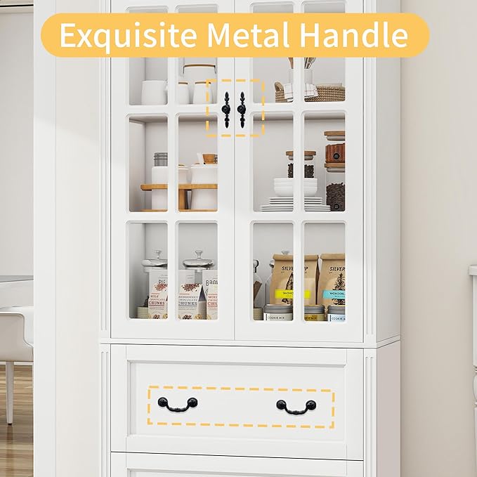 78.8" Tall Bookcase Display Storage Cabinet Hutch with Glass Doors & Drawers - Curio Display Bookshelf Kitchen Pantry for Home, Kitchen, Living Room.