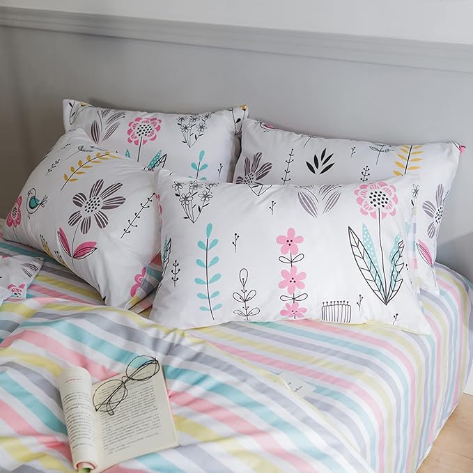 HighBuy Floral Printed Bedding Set Queen Duvet Cover Girls Cotton Comforter Cover Garden Aesthetic Reversible Striped Bedding Sets 3 Piece Queen Bed Boho Comforter Cover Duvet Cover Set