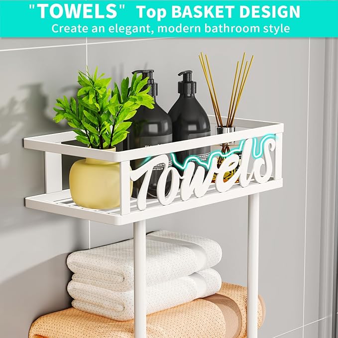 HapiRm Towel Rack Bathroom Storage - 3 Tier Over The Door & Wall Mounted Rolled Towel Racks Holder Organizer with Metal Shelf and 6 Hooks for Small Bathroom, Camper, Rv - White