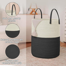 Large Woven Laundry Basket Hamper,60L Cotton Rope Storage Bin for Blankets,Toys and Clothes,Decorative Tall Nursery Hamper for Living Room,Baby Nursery,Bathroom and Bedroom,White and Black