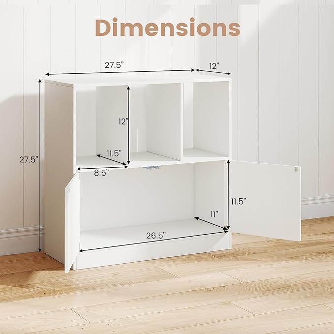 GOFLAME 3 Cube Bookcase with Doors, 3-Tier Cubby Book Shelf with 3 Open Compartments, Cabinet, Wooden Small Display Shelf, Freestanding Cubic Storage Organizer for Living Room, Study (1,White)