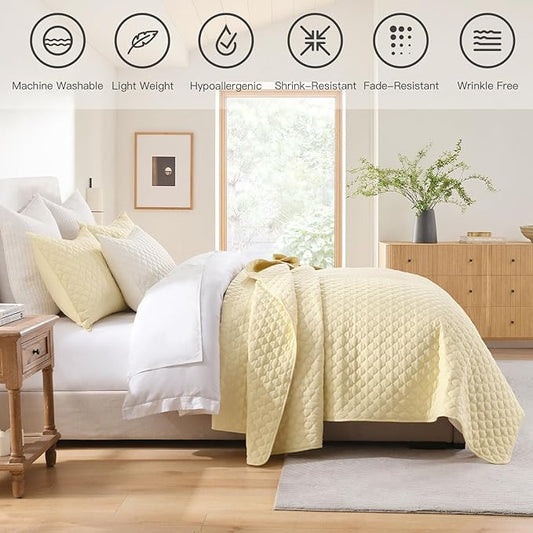 HORIMOTE HOME Quilt King Size Light Yellow, Lightweight Quilt for Summer, Ultra-Soft Microfiber Modern Style Quilted Clouds Pattern Bedspread Quit Set 3 Pieces(1 Quilt and 2 Pillow Shams)