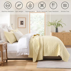 HORIMOTE HOME Quilt Queen Size Light Yellow, Lightweight Quilts for Summer Ultra-Soft Microfiber Modern Style Quilted Clouds Pattern Bedspread Quit Set 3 Pieces(1 Quilt and 2 Pillow Shams)