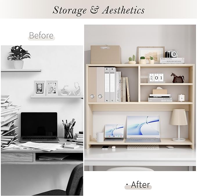 Jerry & Maggie Desktop Bookshelf Organizer, 4-Tier Desk Shelf with Hutch for Computer Desk, Wall Shelf Organizer & Room Decor Aesthetic, Dorm & Office Storage for Books, Laptop (White Wood/38 in)