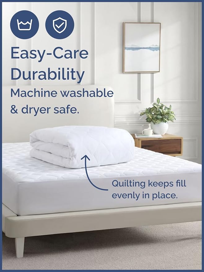 Quilted Fitted Mattress Pad Full Size - Elastic Fitted Mattress Topper Protector & Cover - Breathable, Soft, Low Profile Top Cover with 8-16 Inch Deep Pockets - Easy-Fit and Machine Washable - White