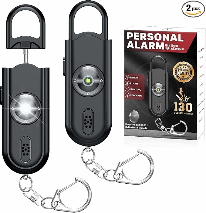 Personal Safety Alarm Keychain for Women 2PCS -130 dB Loud Siren with SOS Strobe Light, Flashlight, Double Speakers, Safe Defense Key Chain for Girls Kids Elders Emergency Call