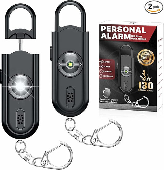 Personal Safety Alarm Keychain for Women 2PCS -130 dB Loud Siren with SOS Strobe Light, Flashlight, Double Speakers, Safe Defense Key Chain for Girls Kids Elders Emergency Call