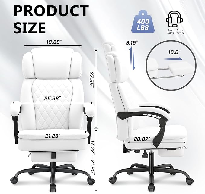 400lbs Office Chair with Foot Rest, Ergonomic Big and Tall Office Chair with Adjustable Headrest, High Back PU Leather Computer Chair,Comfy Heavy Duty Office Desk Chair (Classic White)