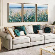 Extra Large Blue Floral Wall Art Framed Artwork for Living Room Bedroom Bathroom Blue Flowers Bloom Painting by The Seaside 24x36 Inches Set of 3