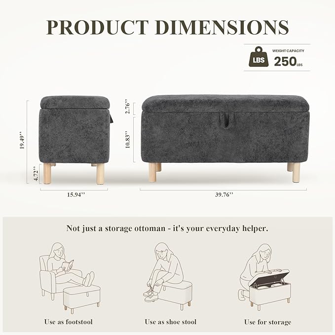 Ottoman with Storage, Storage Ottoman Bench, Entryway Bench, End of Bed Bench with Wood Legs for Bedroom, Living Room, 2PCS,Dark Grey