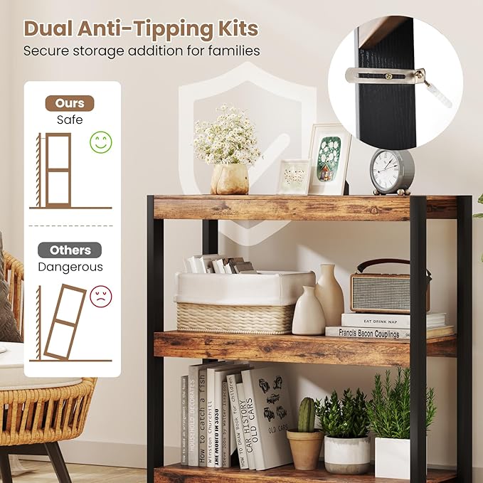 Giantex 3 Tier Bookshelves Set of 2, Freestanding Wooden Bookcase with Dual Anti-Tipping Kits, Open Display Rack Shelving Unit, Storage Organizer for Living Room, Bedroom & Study, Rustic Brown & Black