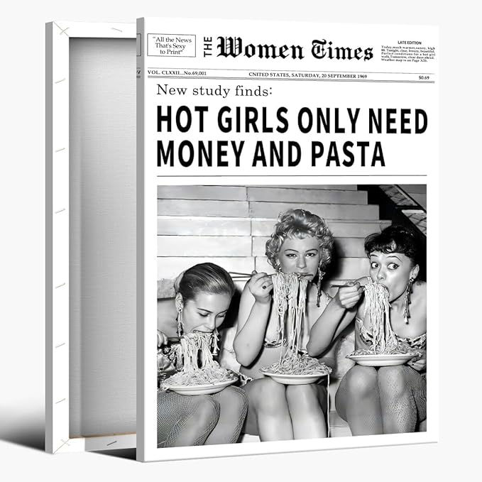 Vintage Women Times Newspaper Canvas Wall Art Black and White Aesthetic Poster Funky Hot Girl Eating Pasta Fashion Prints for Italian Kitchen Bar Cart Girly Dorm Room Art Posters 12x16inch Framed