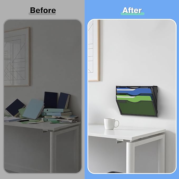 Kuntine.B Wall File Organizer (Black, 3 Tier & Hangers)