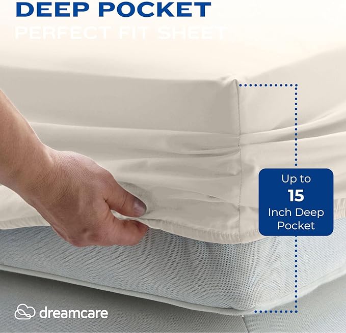 DREAMCARE Full Size Sheets - Cooling Bed Sheets - 4pcs Set - up to 15" Deep Pocket Full Sheet Set - Sheets Full Size Bed - Soft & Long Lasting 100% Fine Brushed Polyester with Side Pocket - Ivory DREAMCARE
