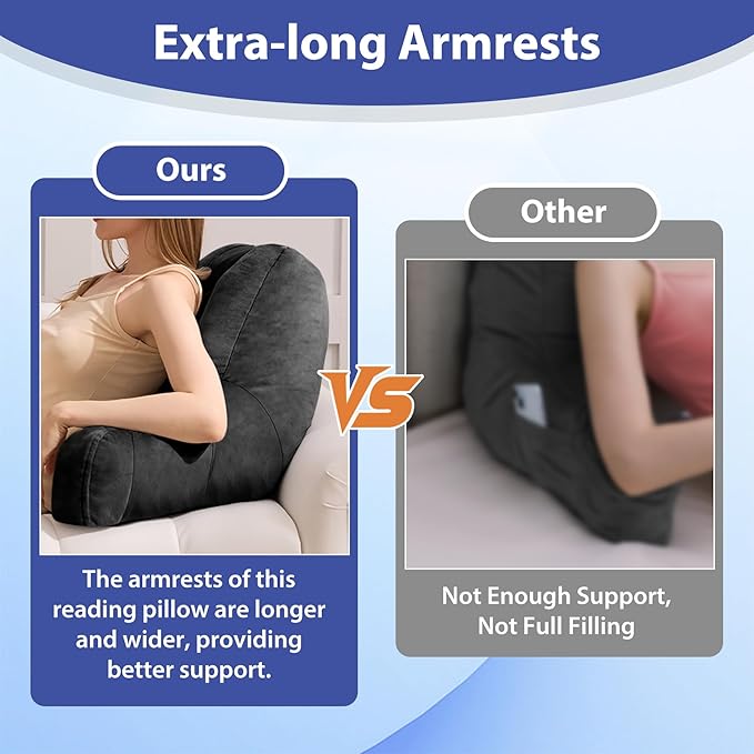 Reading Pillows for Sitting in Bed Adult, Back Pillow for Bed Sitting Up, Backrest Pillows with Shredded Foam for Adult&Teens, Support Pillow with Arms for Beds, Couch, Floor, 24in, Black