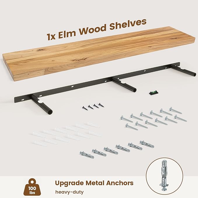 Elm Floating Shelves for Wall Decor, Rustic Solid Wood Shevles Wall Mounted with Invisible Bracket for Living Room Bathroom Bedroom Kitchen, 48 Inch Set of 1, Natural