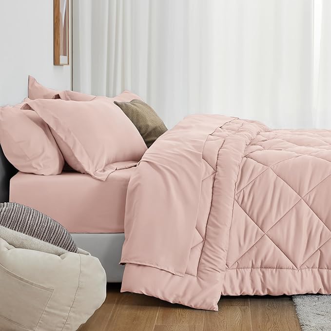 Love's cabin Queen Comforter Set Pink, 7 Pieces Queen Bed in a Bag, All Season Bedding Sets with 1 Comforter, 1 Flat Sheet, 1 Fitted Sheet, 2 Pillowcase and 2 Pillow Sham