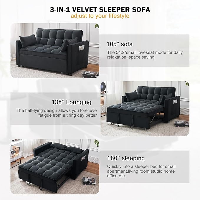 Sleeper Sofa Bed, 3-in-1 Velvet Pull Out Couch with Armrests, Storage Pockets and 2 Pillows, Adjustable Backrest, Pull Out Sofa Bed Couch for Living Room, Bedroom(Black)