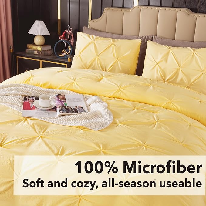 Andency Yellow Pinch Pleat Comforter Queen(90x90Inch), 3 Pieces(1 Pintuck Comforter and 2 Pillowcases) Pintuck Comforter Set, Microfiber All Season Down Alternative Bedding Set