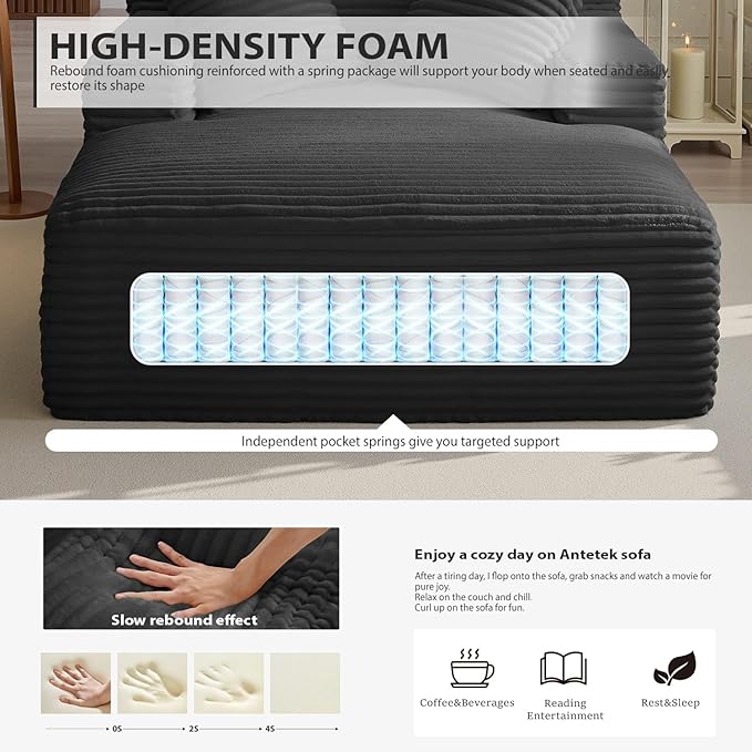 67 Inch Oversized Chaise Lounge Chair Indoor, Corduroy Upholstered Boneless Sofa Bed, Deep Seat Sleeper Couch Reading Chairs, Cloud Sofas Couches for Living Room, No Assembly Required (Black)