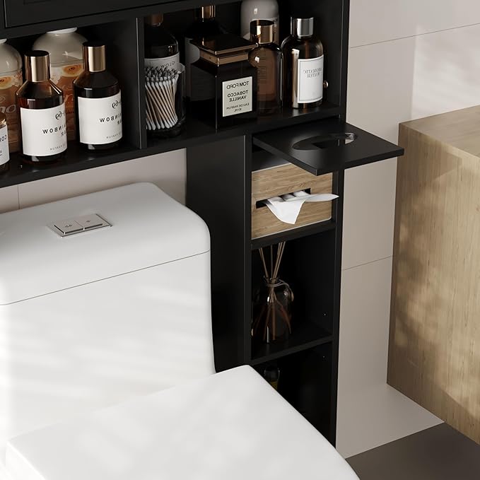 MHOM 67.8" H Over The Toilet Storage Cabinet with Adjustable Shelves & Toilet Paper Holder, Farmhouse Over Toilet Bathroom Organizer, Double Door Toilet Cabinet for Bathroom, and Laundry, Black