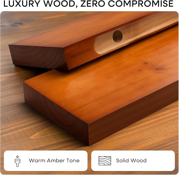 Homeforia Oak Floating Shelves 30 inch Long, High End Solid Real Wood 30inch Floating Shelves for Wall Mounted, Honey Oak Wooden 30in Floating Shelf, Heavy Duty Bracket, 30 X 6.5 X 1.75 in, Set of 4