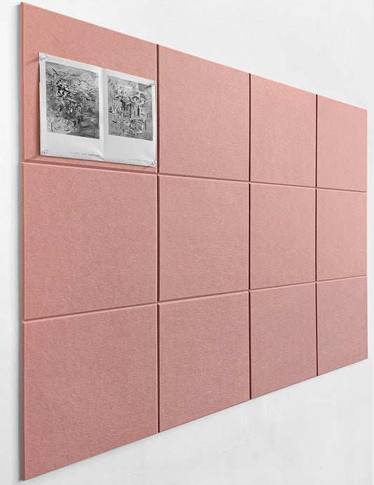 Felt Wall Tiles | Large Cork Board Alternative | Aesthetic Felt Bulletin Board for Office, Home & Classroom | Large Cork Boards for Walls Pinboard (12-Pack) | Pink