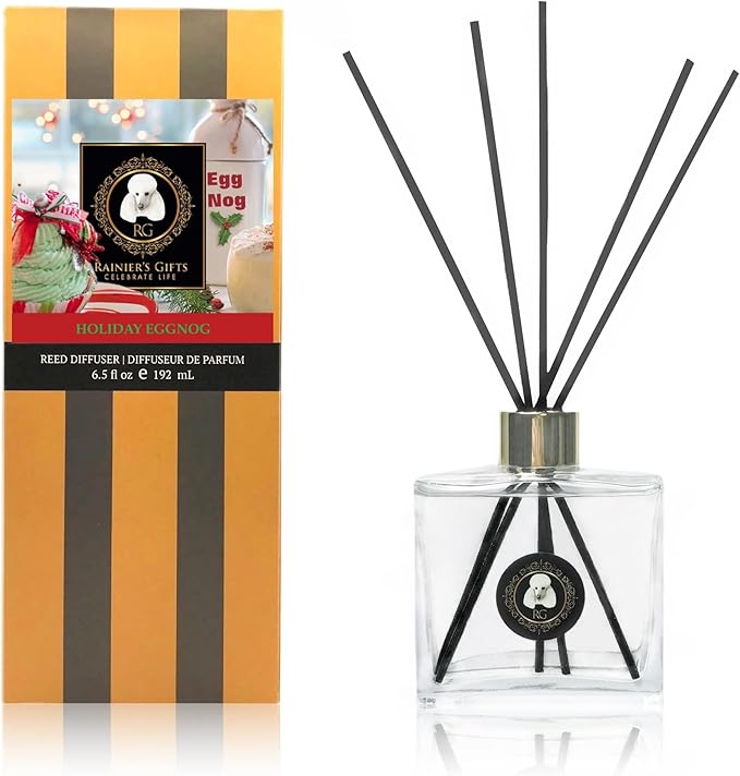 Rainier’s Gifts Reed Diffuser Set (Holiday Eggnog) - Scented Oil Diffuser Sticks - Home Fragrance Aromatherapy Air Freshener 6.5 fl oz