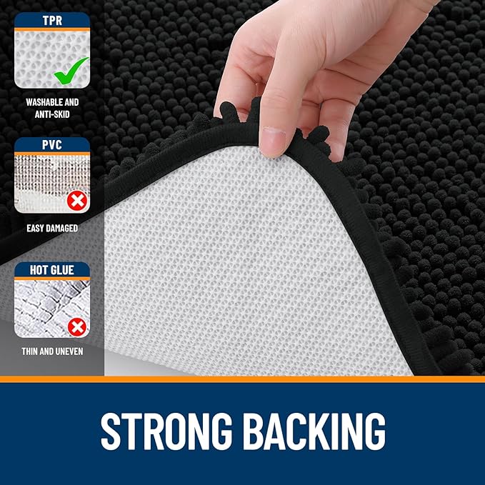 OLANLY Bathroom Rugs 59x35, Extra Soft Absorbent Chenille Bath Rugs, Rubber Backing Quick Dry, Machine Washable Bath Mats for Bathroom Floor, Tub and Shower, Home Decor Accessories, Black