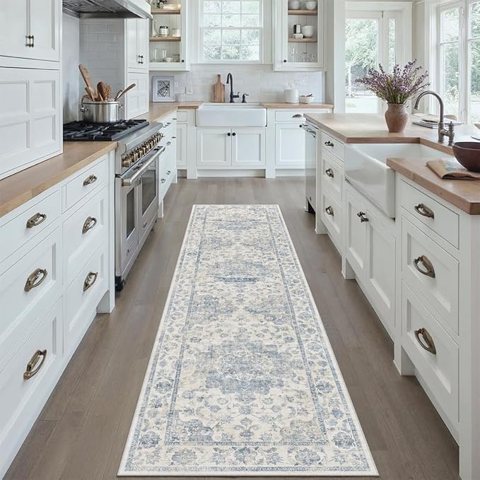 3x10 Washable Neutral Runner Rug Blue Vintage Hallway Kitchen Carpet Non-Slip Soft Low Pile Floral Throw Rug for Bedroom Bathroom Laundry Living Room