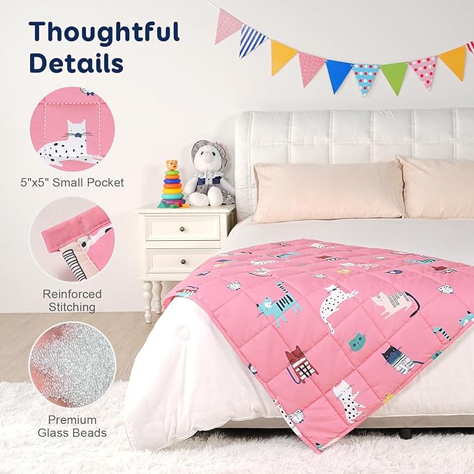 Kivik Cooling Weighted Blanket 5 Pounds, Breathable Small Weighted Blankets, Ultra Soft Heavy Throw for Relaxing & Sleeping, Machine Washable, 36 x 48 Inches, Cute Cat Printing, Pink