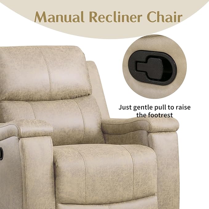 CANMOV Leather Recliner Chair Set of 2, Classic and Traditional Manual Recliner Chair with Overstuffed Arms and Back, Manual Single Sofa with Concealed Cup Holders,Beige