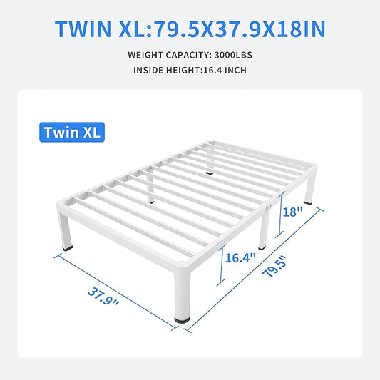 MAF 18 Inch Twin XL Bed Frames White with Round Corner Legs Mattress Slide Stopper No Box Spring Needed Heavy Duty Metal Platform Bed Frame Under-Bed Storage Space, 3000 LBS Steel Slats Support