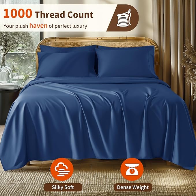 LBRO2M 1000 Thread Count 100% Egyptian Cotton Sheets Set 6 Piece Sets King Bed Sheet Deep Pocket Sheet Set 16" Soft Comfortable All Season (King, Navy Blue)