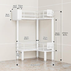 Orimade Rustproof 2 Tier Floor Standing Corner Shower Caddy Organizer with Toothbrush Holder, Large Spacing Floor Shower Shelf Rack Storage Stands with Hooks for Bathroom Kitchen, White